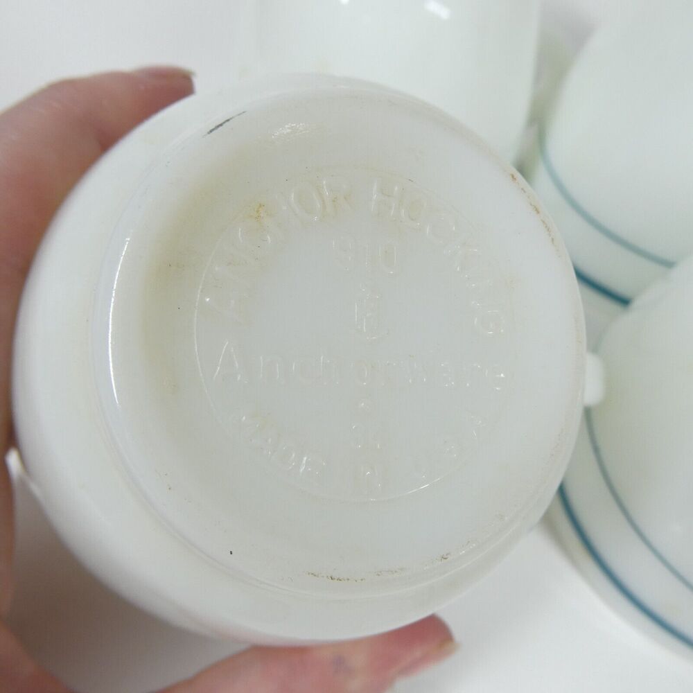 Anchor Hocking Anchorware 4 Teal Blue Stripe Coffee Mugs 910 Cups Vtg Milk Glass - Picture 11 of 14